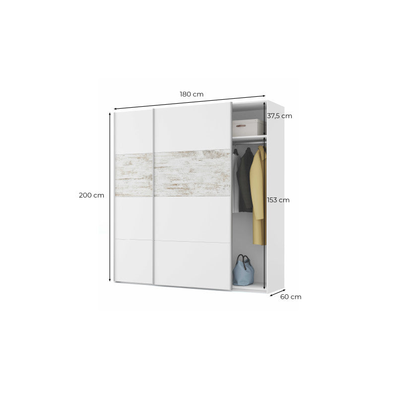 MUMBAI - Armoire penderie 2 portes coulissantes L180 x H200cm - Blanc/bois