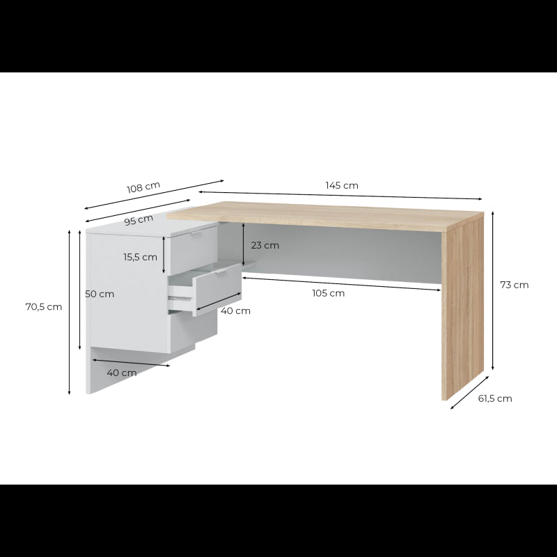 NERIDA - Bureau d'angle réversible L145 x P108 cm - Blanc/chêne