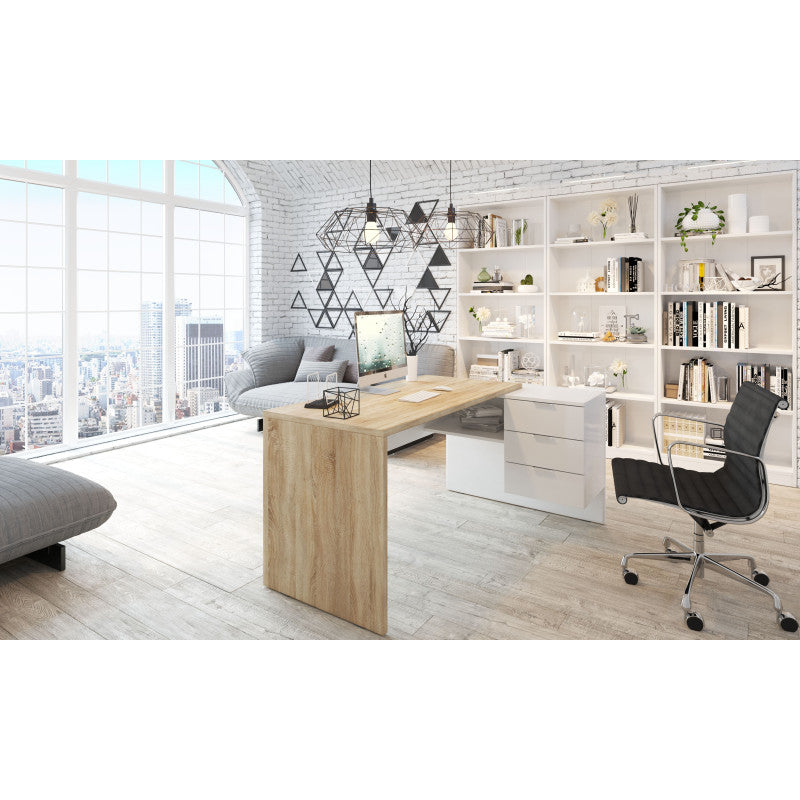 NERIDA - Bureau d'angle réversible L145 x P108 cm - Blanc/chêne