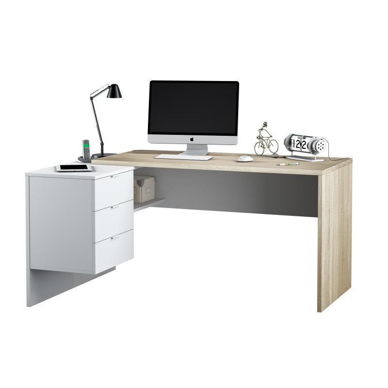 NERIDA - Bureau d'angle réversible L145 x P108 cm - Blanc/chêne