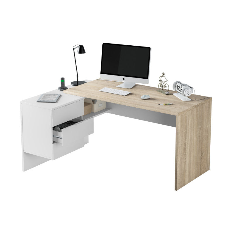 NERIDA - Bureau d'angle réversible L145 x P108 cm - Blanc/chêne