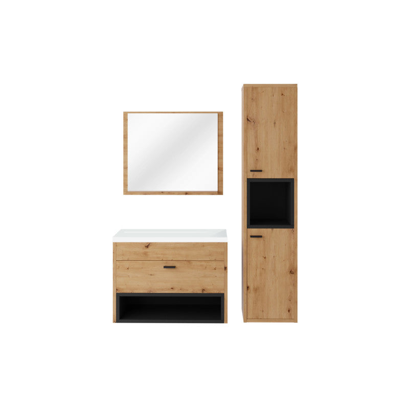 OLIE - Ensemble de salle de bain avec 1 colonne et 1 miroir - Noir/bois