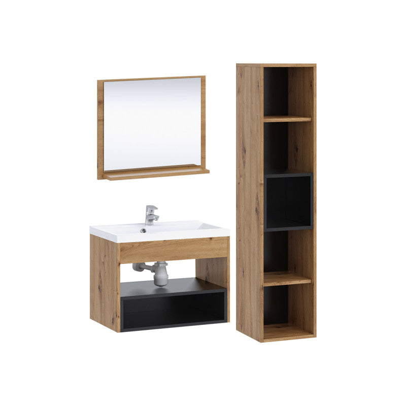 OLIE - Ensemble de salle de bain avec 1 colonne et 1 miroir - Noir/bois