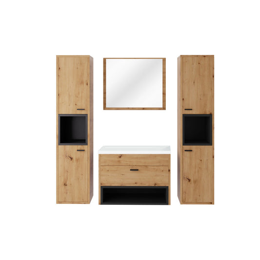 OLIE - Ensemble de salle de bain avec 2 colonnes et 1 miroir - Noir/bois