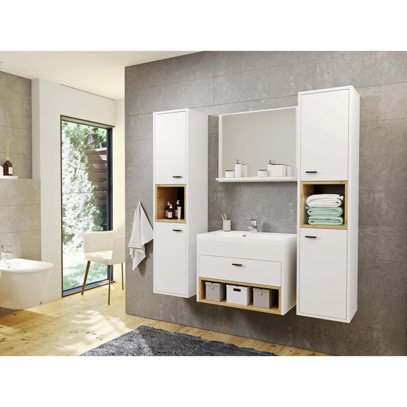 OLIE - Ensemble de salle de bain avec 2 colonnes et 1 miroir - Blanc/bois