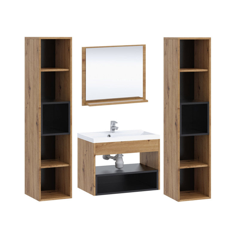 OLIE - Ensemble de salle de bain avec 2 colonnes et 1 miroir - Noir/bois