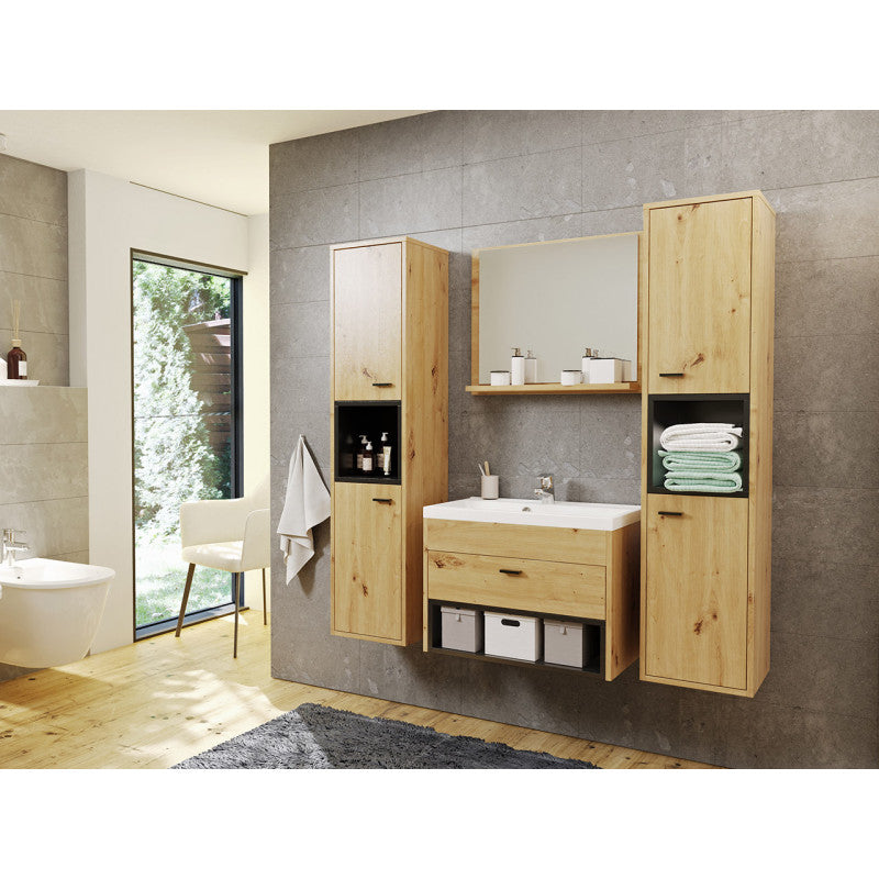 OLIE - Ensemble de salle de bain avec 2 colonnes et 1 miroir - Noir/bois