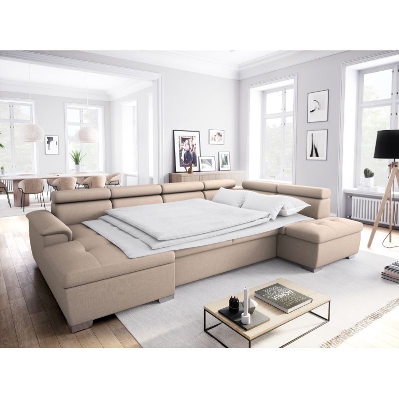 DABI - Canapé panoramique convertible avec 2 coffres en tissu - Beige