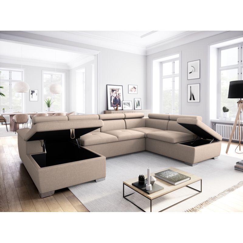 DABI - Canapé panoramique convertible avec 2 coffres en tissu - Beige