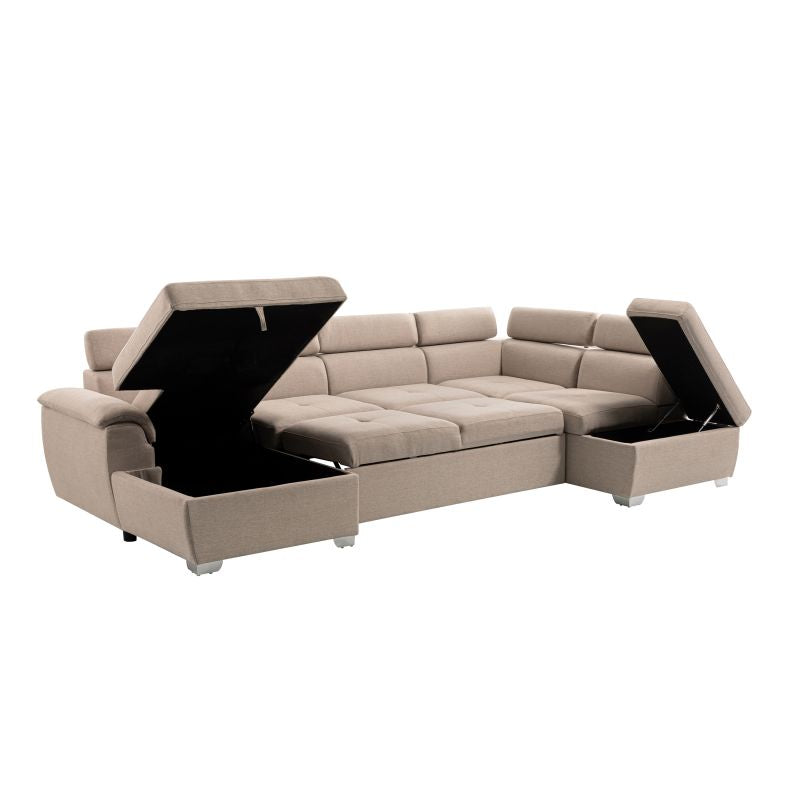 DABI - Canapé panoramique convertible avec 2 coffres en tissu - Beige