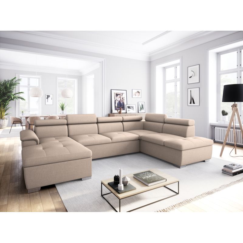 DABI - Canapé panoramique convertible avec 2 coffres en tissu - Beige