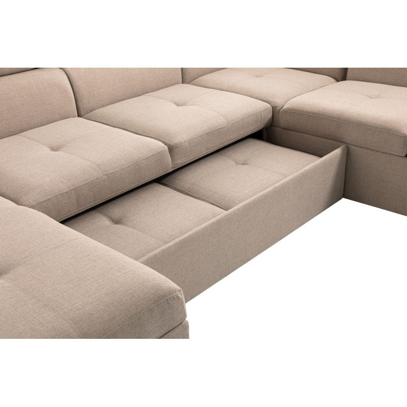 DABI - Canapé panoramique convertible avec 2 coffres en tissu - Beige