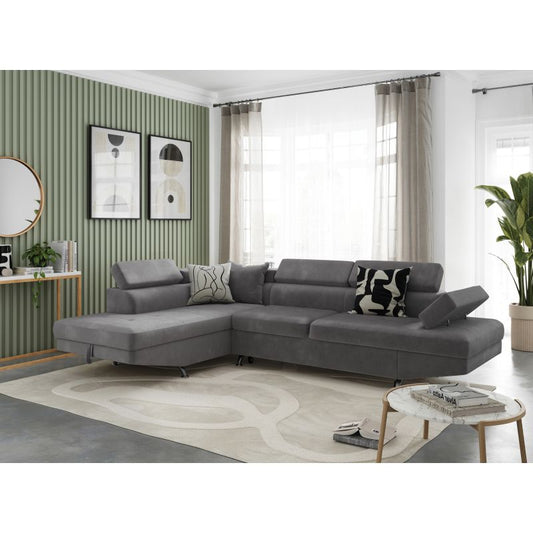 ROX - Canapé d'angle convertible 5 places avec coffre de rangement en microfibre - Gris - Angle gauche (vue de face)