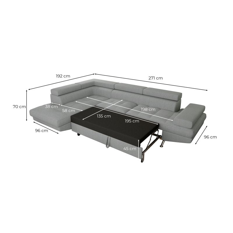 ROX - Canapé d'angle convertible 5 places avec coffre de rangement en tissu - Gris foncé - Angle droit (vue de face)