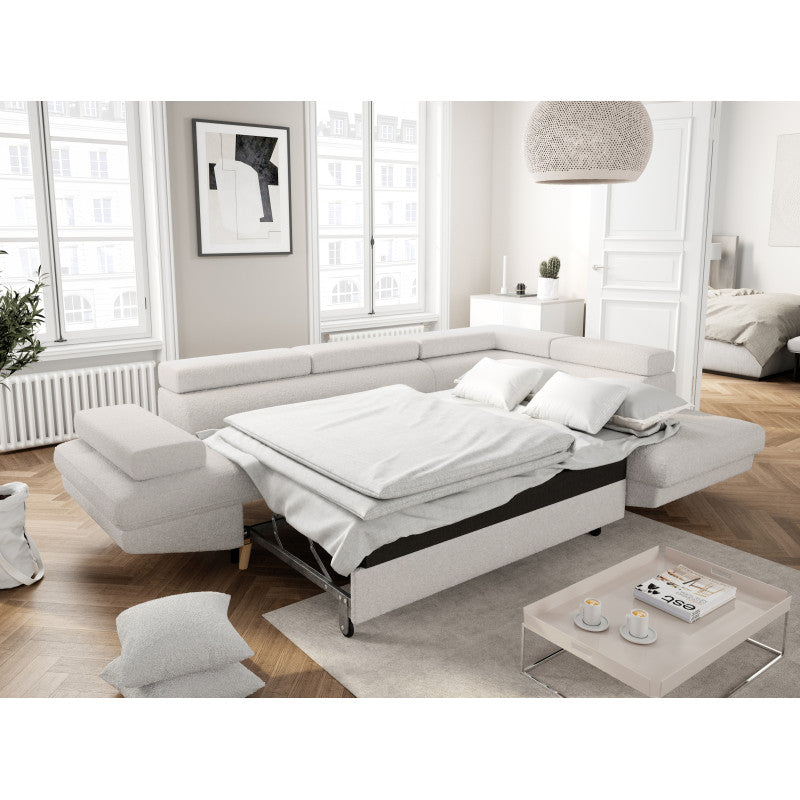 ROX SCANDINAVE - Canapé d'angle convertible avec coffre pieds bois en tissu bouclette - Blanc - Angle droit (vue de face)