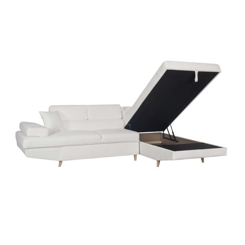 ROX SCANDINAVE - Canapé d'angle convertible avec coffre pieds bois en tissu bouclette - Blanc - Angle droit (vue de face)