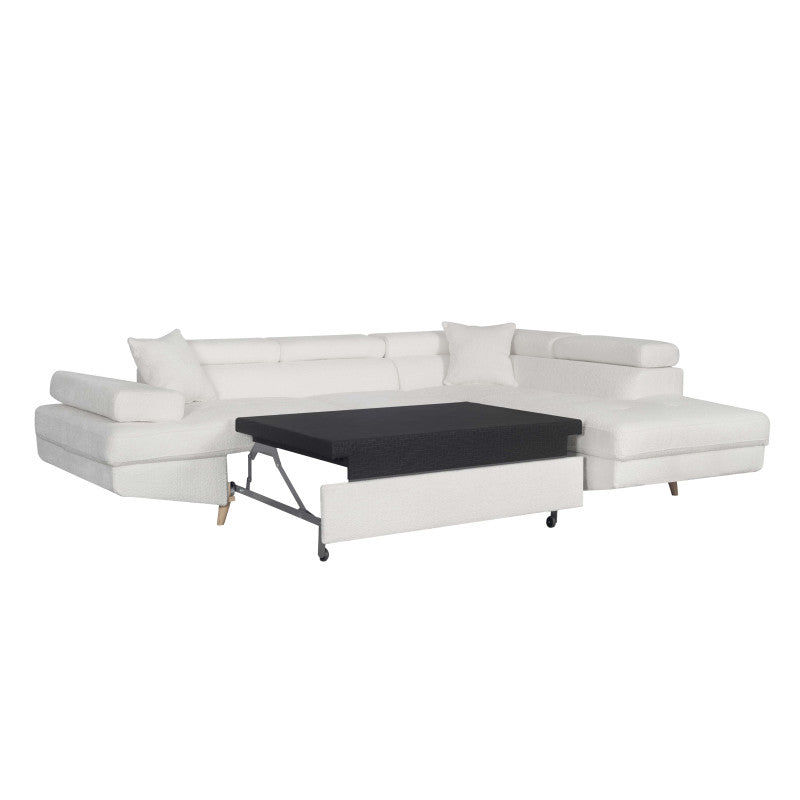 ROX SCANDINAVE - Canapé d'angle convertible avec coffre pieds bois en tissu bouclette - Blanc - Angle droit (vue de face)