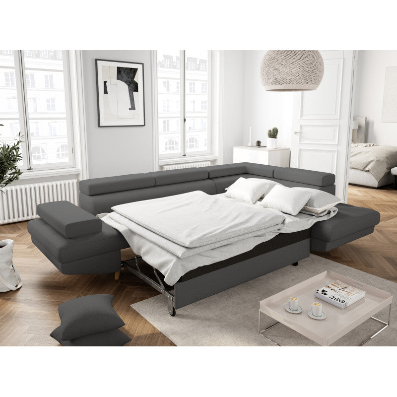 ROX SCANDINAVE - Canapé d'angle convertible avec coffre pieds bois en tissu - Gris foncé - Angle droit (vue de face)