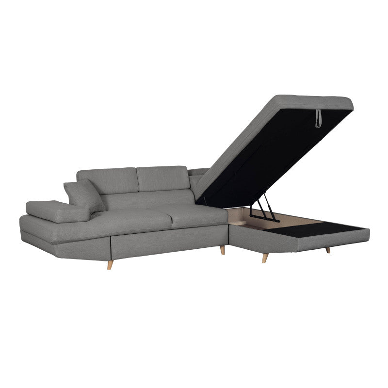 ROX SCANDINAVE - Canapé d'angle convertible avec coffre pieds bois en tissu - Gris clair - Angle droit (vue de face)