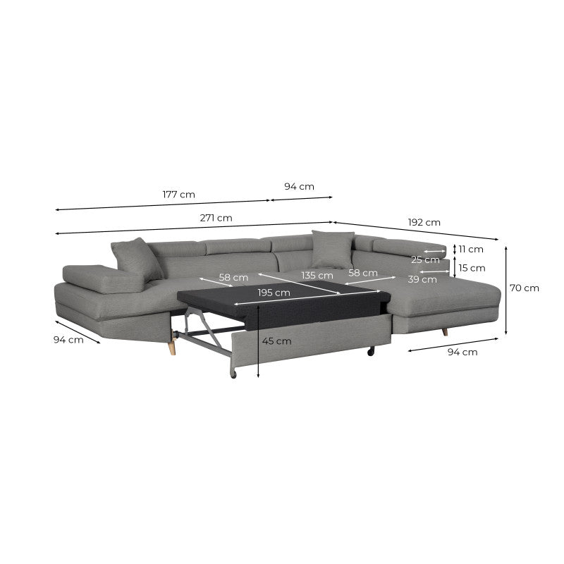 ROX SCANDINAVE - Canapé d'angle convertible avec coffre pieds bois en tissu - Bleu pétrole - Angle gauche (vue de face)