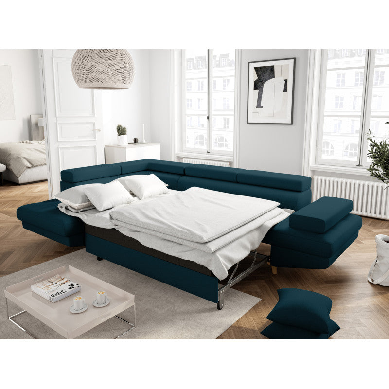 ROX SCANDINAVE - Canapé d'angle convertible avec coffre pieds bois en tissu - Bleu pétrole - Angle gauche (vue de face)