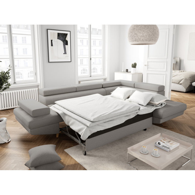 ROX SCANDINAVE - Canapé d'angle convertible avec coffre pieds bois en tissu - Gris clair - Angle droit (vue de face)