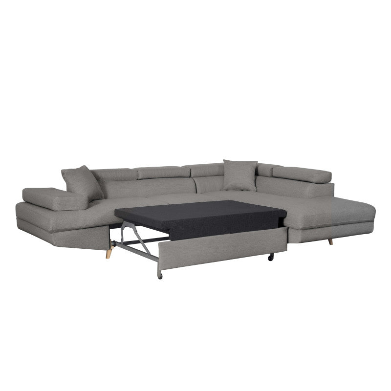 ROX SCANDINAVE - Canapé d'angle convertible avec coffre pieds bois en tissu - Gris clair - Angle droit (vue de face)