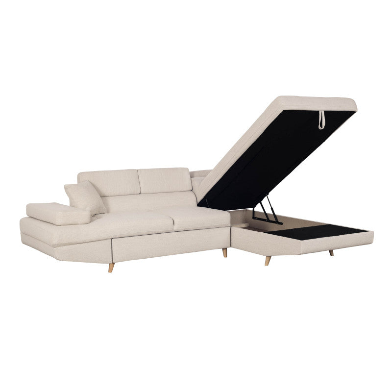 ROX SCANDINAVE - Canapé d'angle convertible avec coffre pieds bois en tissu - Beige - Angle droit (vue de face)