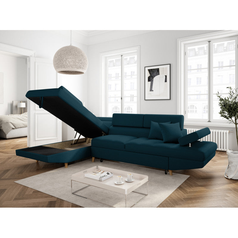 ROX SCANDINAVE - Canapé d'angle convertible avec coffre pieds bois en tissu - Bleu pétrole - Angle gauche (vue de face)