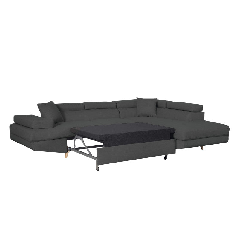 ROX SCANDINAVE - Canapé d'angle convertible avec coffre pieds bois en tissu - Gris foncé - Angle droit (vue de face)