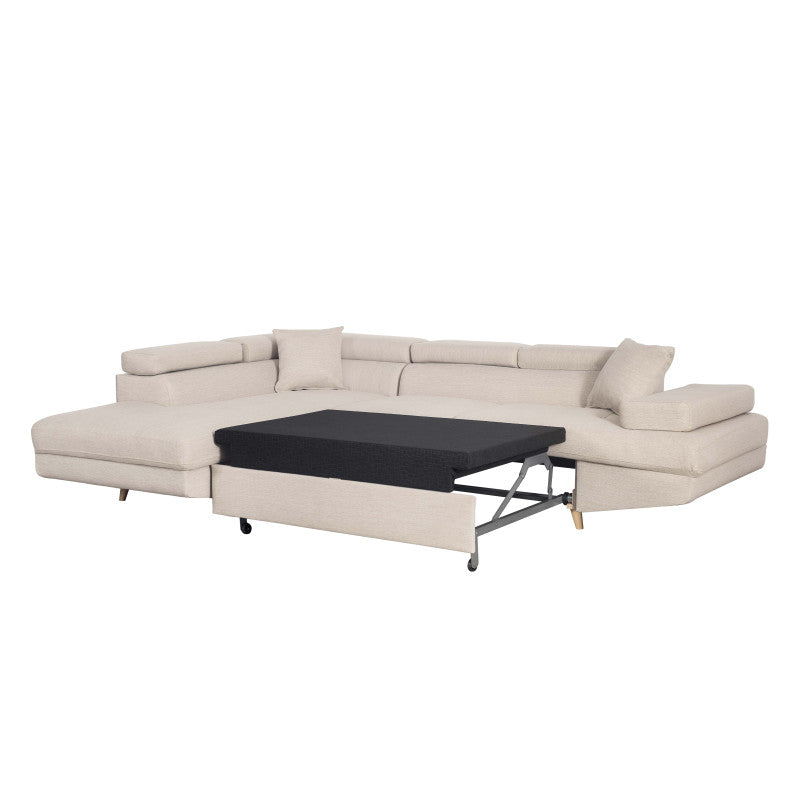 ROX SCANDINAVE - Canapé d'angle convertible avec coffre pieds bois en tissu - Beige - Angle gauche (vue de face)