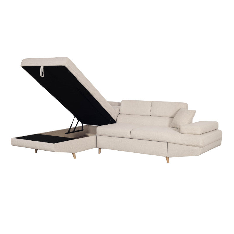 ROX SCANDINAVE - Canapé d'angle convertible avec coffre pieds bois en tissu - Beige - Angle gauche (vue de face)