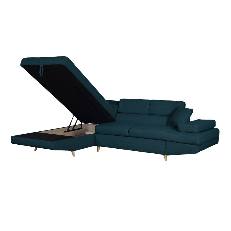 ROX SCANDINAVE - Canapé d'angle convertible avec coffre pieds bois en tissu - Bleu pétrole - Angle gauche (vue de face)