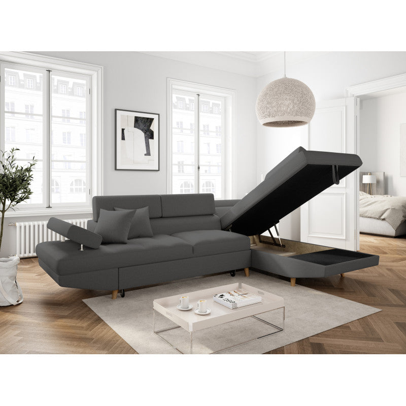 ROX SCANDINAVE - Canapé d'angle convertible avec coffre pieds bois en tissu - Gris foncé - Angle droit (vue de face)