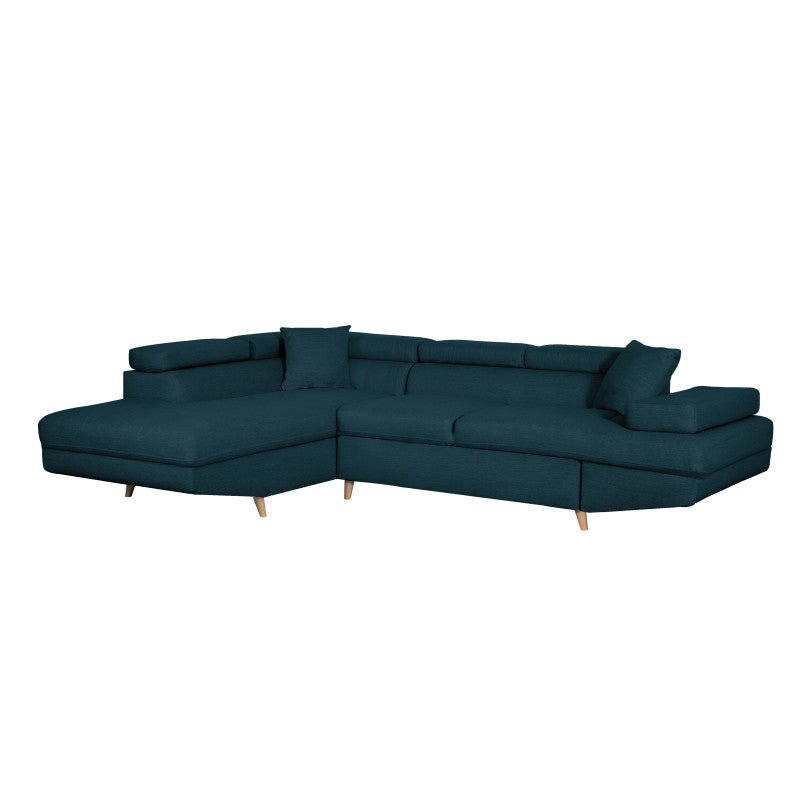 ROX SCANDINAVE - Canapé d'angle convertible avec coffre pieds bois en tissu - Bleu pétrole - Angle gauche (vue de face)