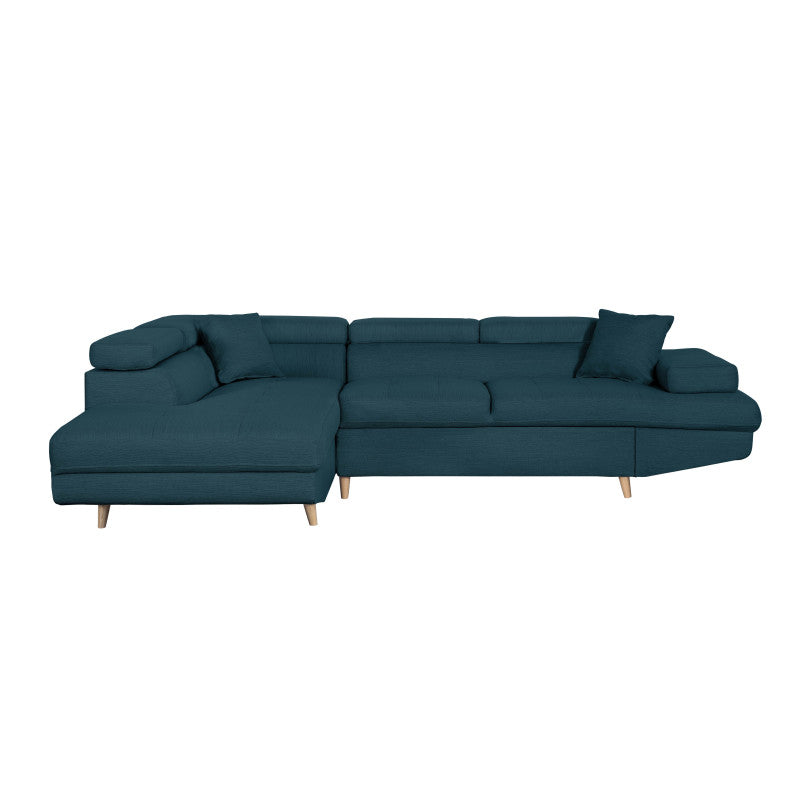 ROX SCANDINAVE - Canapé d'angle convertible avec coffre pieds bois en tissu - Bleu pétrole - Angle gauche (vue de face)