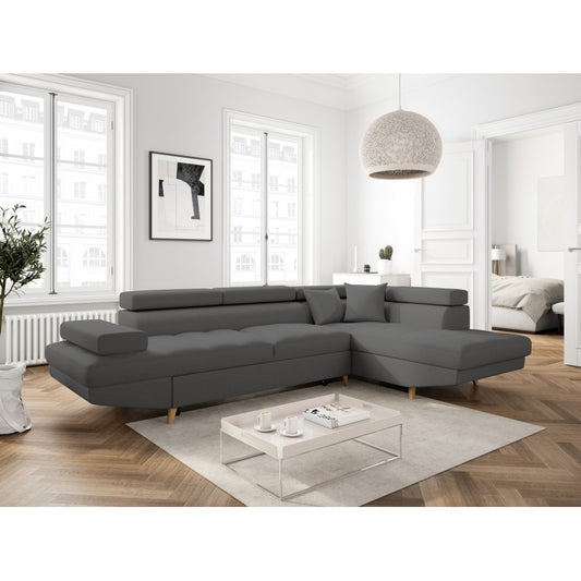 ROX SCANDINAVE - Canapé d'angle convertible avec coffre pieds bois en tissu - Gris foncé - Angle droit (vue de face)