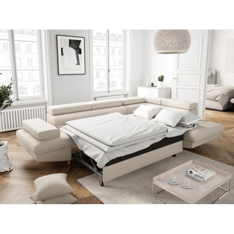 ROX SCANDINAVE - Canapé d'angle convertible avec coffre pieds bois en tissu - Beige - Angle droit (vue de face)