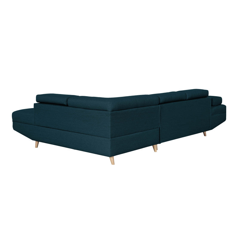 ROX SCANDINAVE - Canapé d'angle convertible avec coffre pieds bois en tissu - Bleu pétrole - Angle gauche (vue de face)