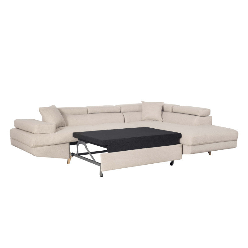 ROX SCANDINAVE - Canapé d'angle convertible avec coffre pieds bois en tissu - Beige - Angle droit (vue de face)