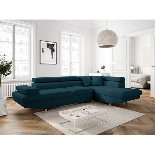 ROX SCANDINAVE - Canapé d'angle convertible avec coffre pieds bois en tissu - Bleu pétrole - Angle droit (vue de face)