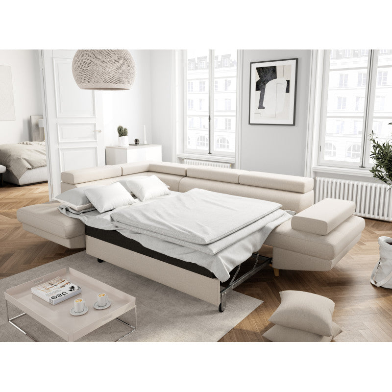 ROX SCANDINAVE - Canapé d'angle convertible avec coffre pieds bois en tissu - Beige - Angle gauche (vue de face)