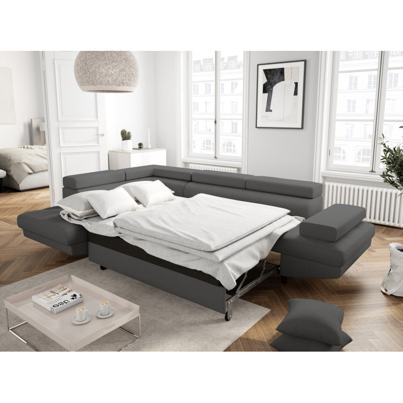 ROX SCANDINAVE - Canapé d'angle convertible avec coffre pieds bois noir en tissu - Gris foncé