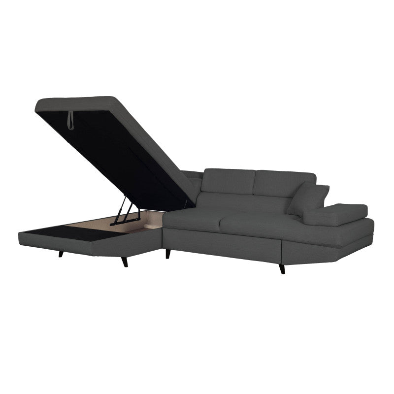 ROX SCANDINAVE - Canapé d'angle convertible avec coffre pieds bois noir en tissu - Gris foncé