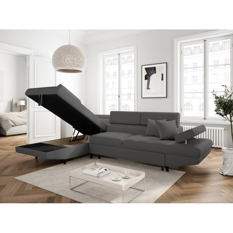 ROX SCANDINAVE - Canapé d'angle convertible avec coffre pieds bois noir en tissu - Gris foncé