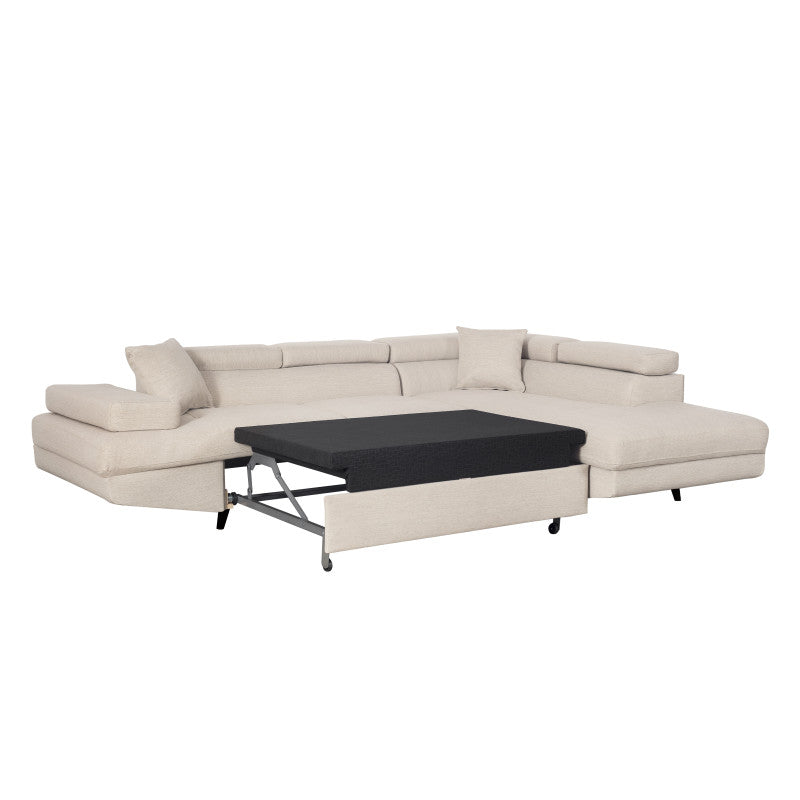 ROX SCANDINAVE - Canapé d'angle convertible avec coffre pieds bois noir en tissu - Beige - Angle droit (vue de face)