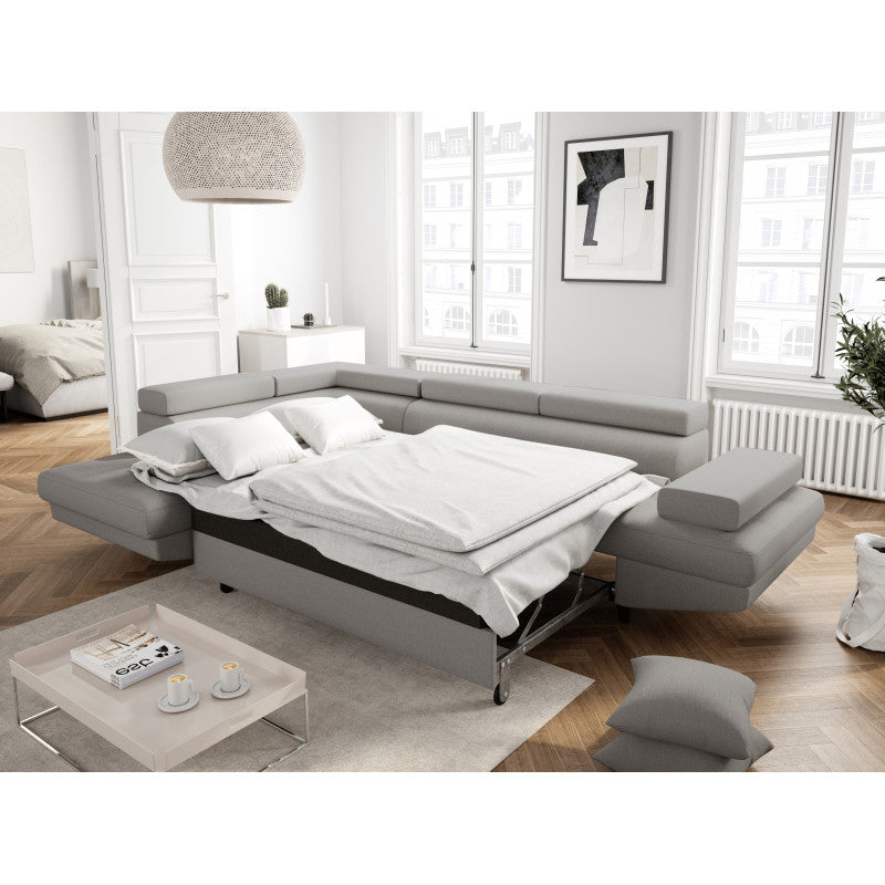 ROX SCANDINAVE - Canapé d'angle convertible avec coffre pieds bois noir en tissu - Gris clair