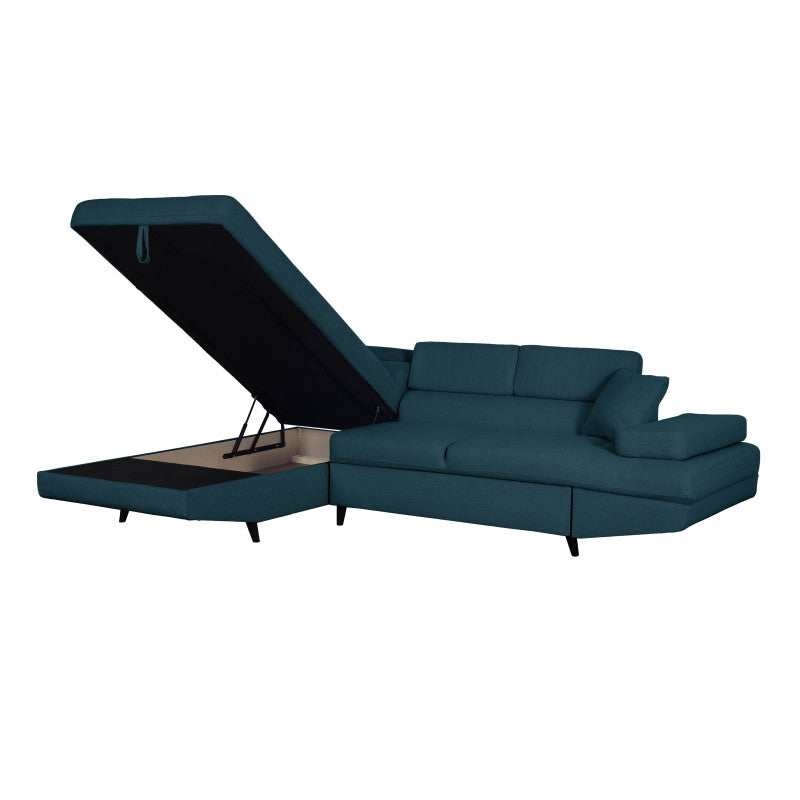 ROX SCANDINAVE - Canapé d'angle convertible avec coffre pieds bois noir en tissu - Bleu pétrole - Angle droit (vue de face)