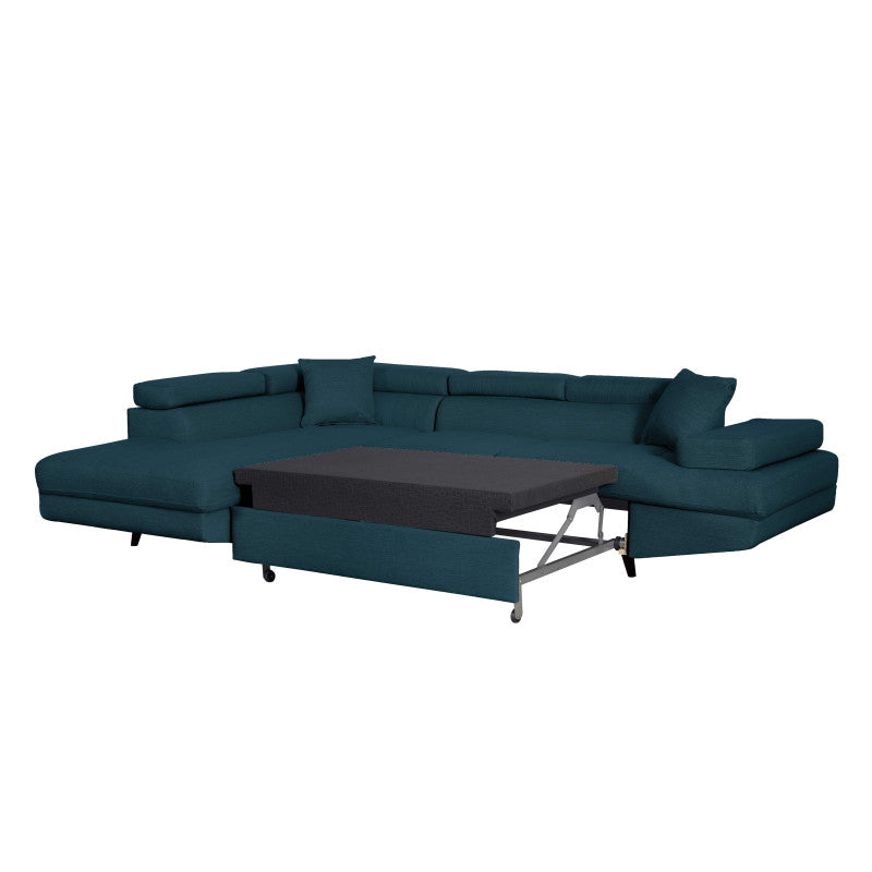 ROX SCANDINAVE - Canapé d'angle convertible avec coffre pieds bois noir en tissu - Bleu pétrole - Angle droit (vue de face)