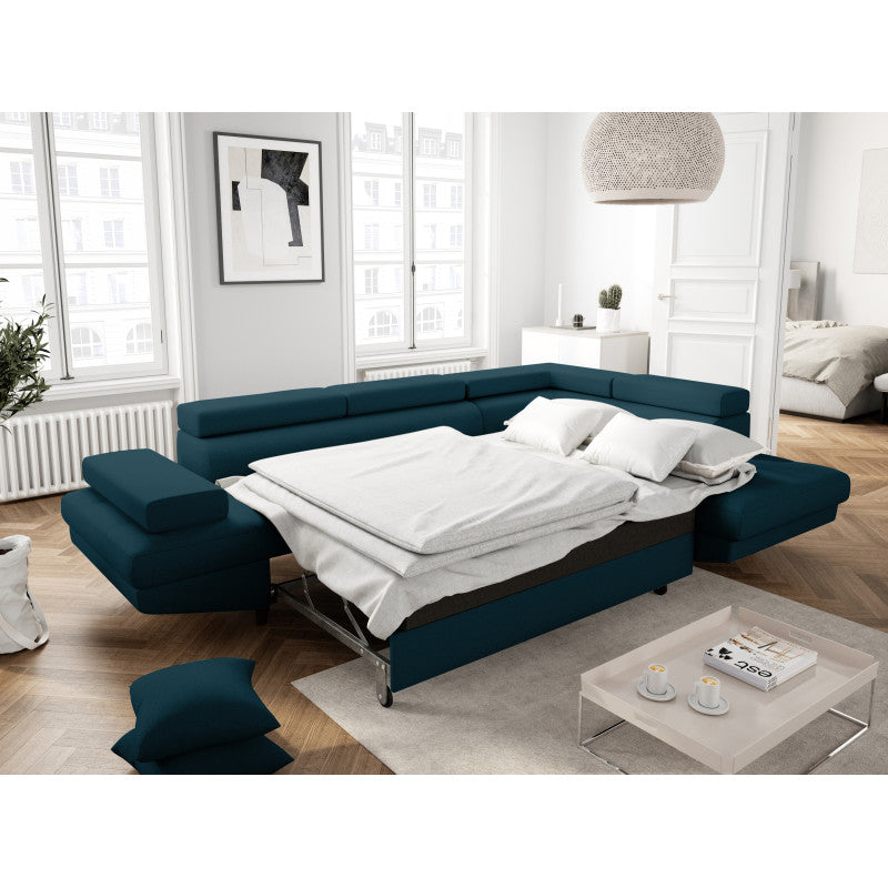 ROX SCANDINAVE - Canapé d'angle convertible avec coffre pieds bois noir en tissu - Bleu pétrole - Angle droit (vue de face)